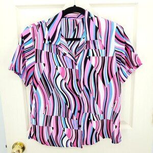 Retro Short Sleeve Button Shirt M/L Abstract Pink Halloween Disco Mod 60s 70s